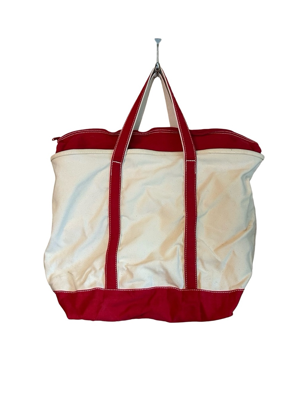 Lands' End Zip Top Canvas Tote Boat Bag Natural and Red Large - Picture 2 of 8